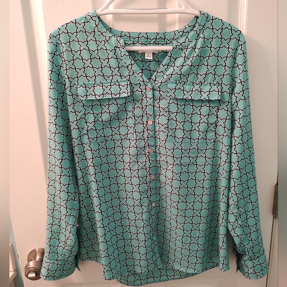 Croft & Barrow Long-sleeved Teal/Navy Blouse Size S